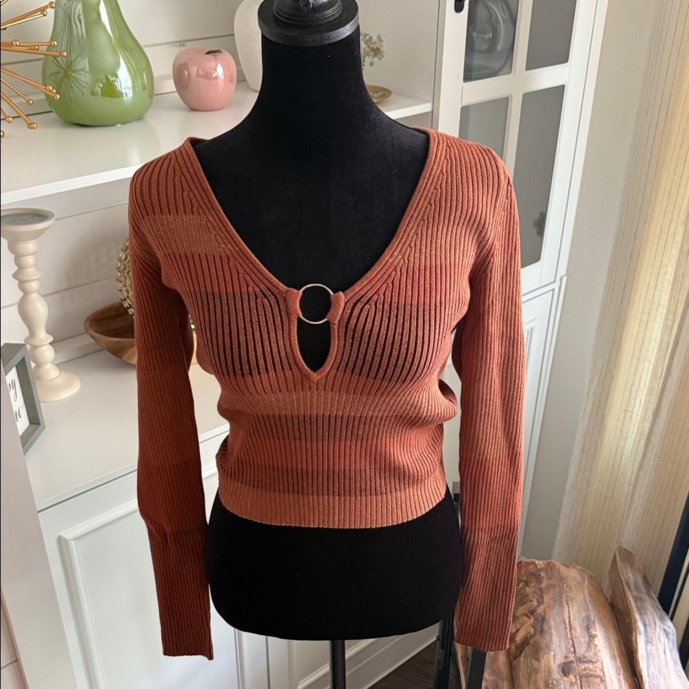 INTERMIX Rust V-Neck Sweater with Ring Accent